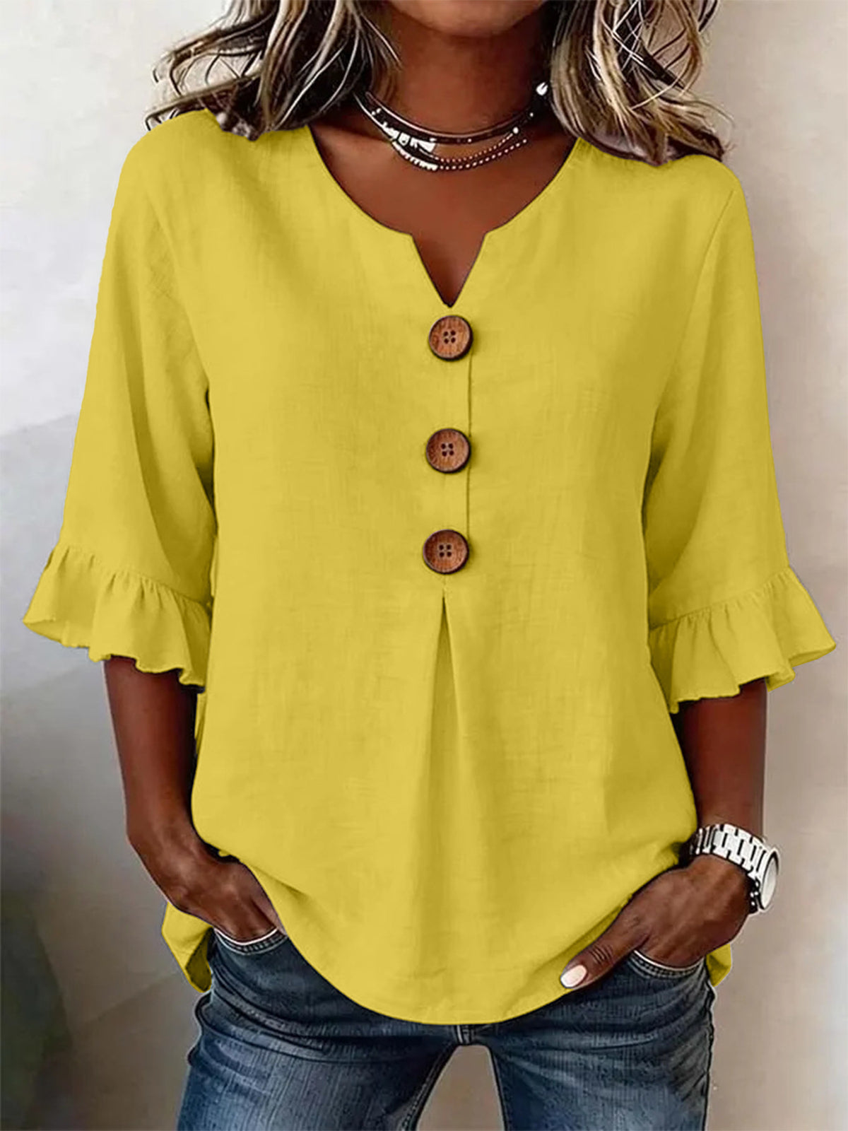Summer Women's V-neck Cotton Linen Button-up Top